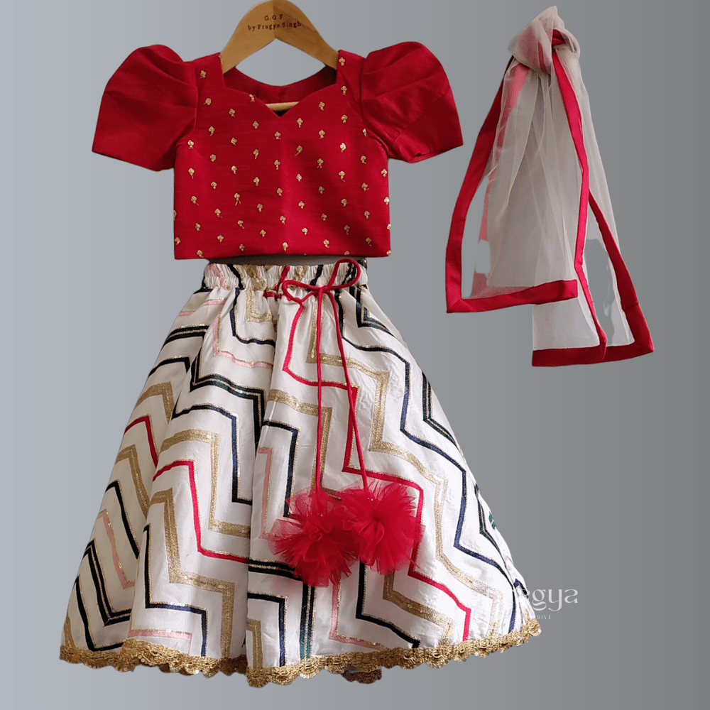 Red Top And Multicolor Zig Zag Ghagra Set