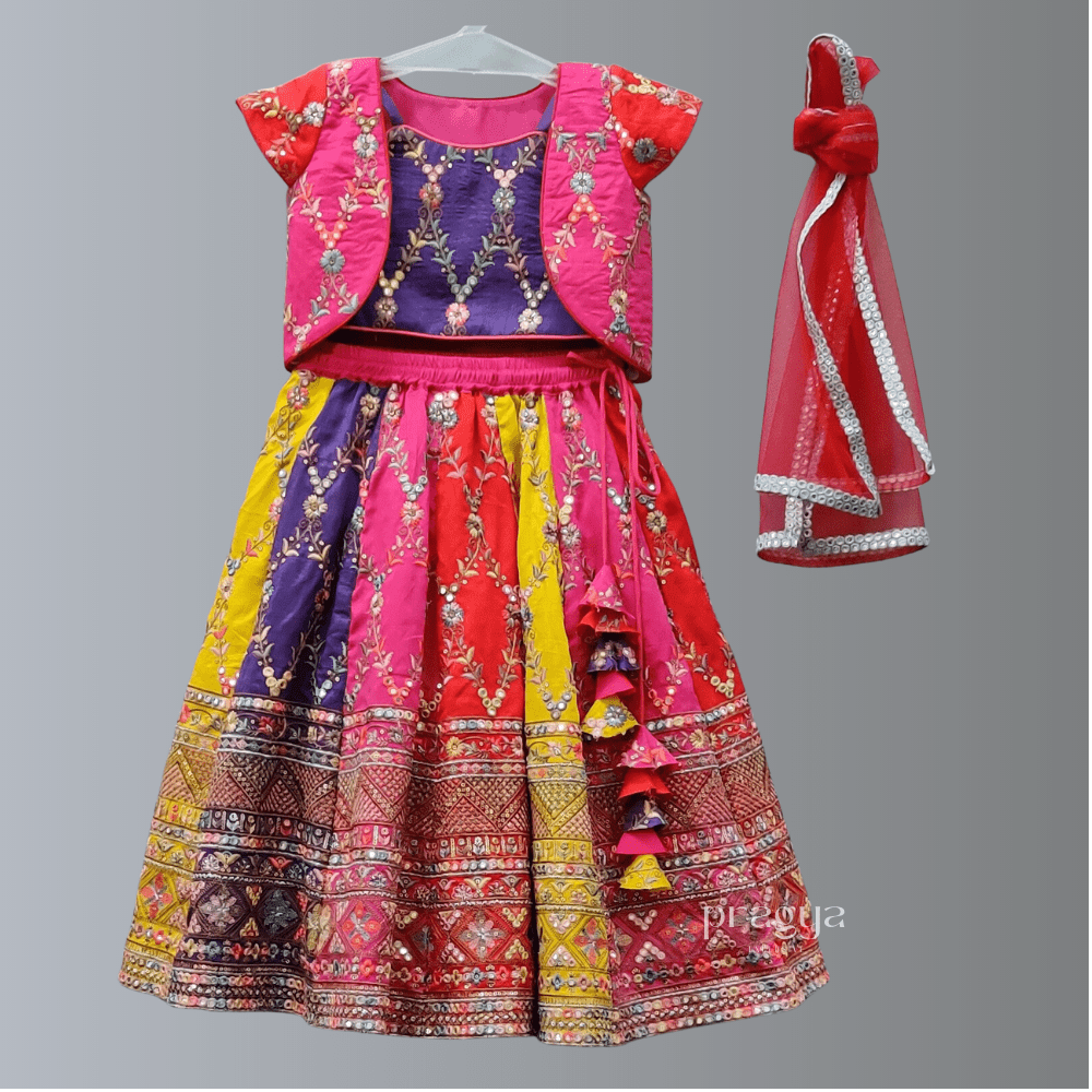 Multicolor Kali Ghagra Jacket with Dupatta Set