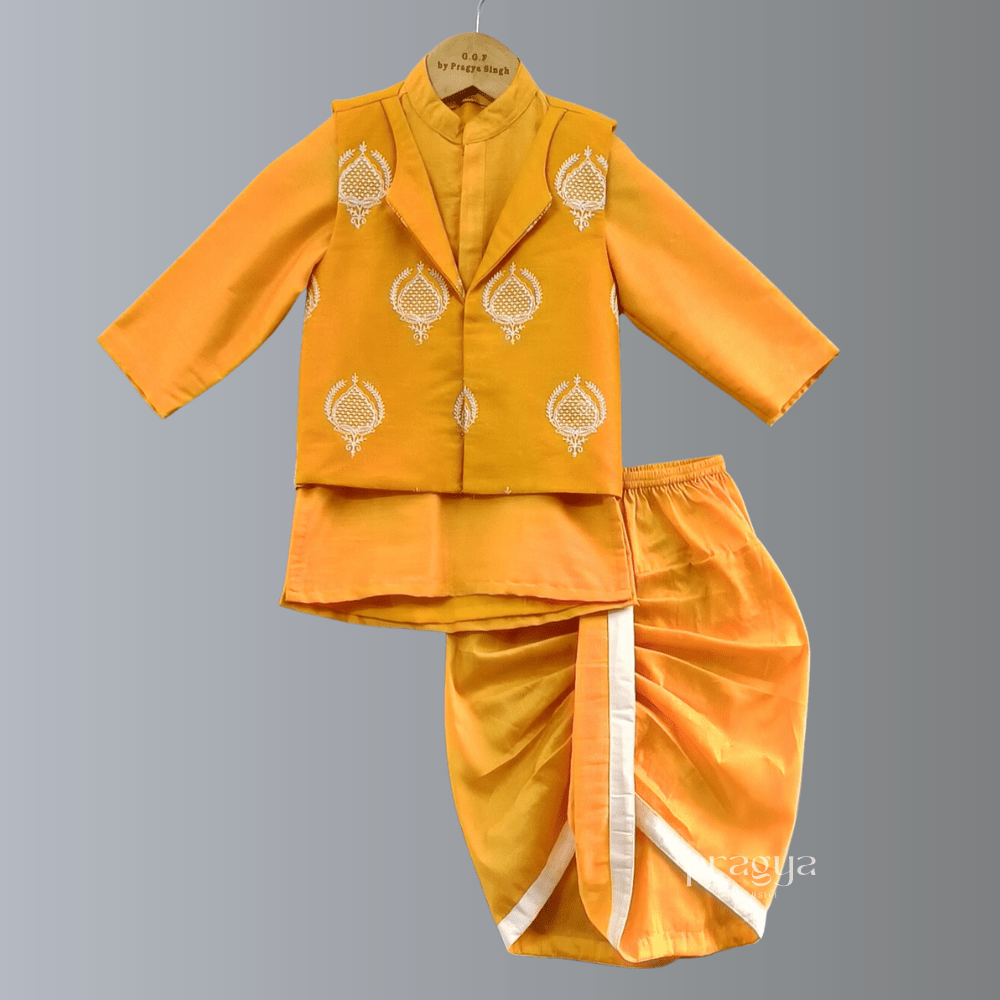Orange Dhoti Kurta With Chicken Work Waist Coat