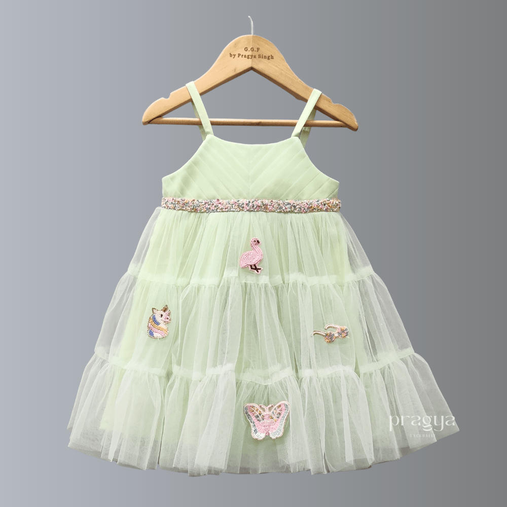Mint Green Patch Embroidered Layered Net Dress
