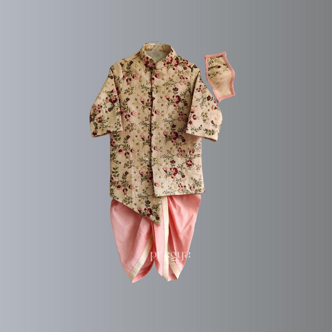 Beige Floral Embroidered Sherwani and Pink Dhoti