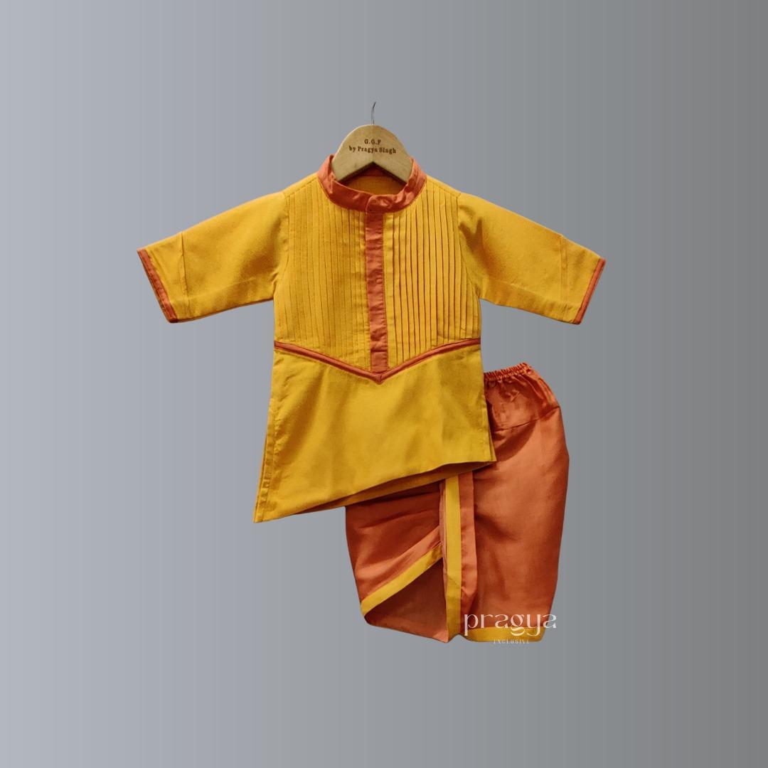Yellow Art Linen Silk Kurta and Orange Dhoti