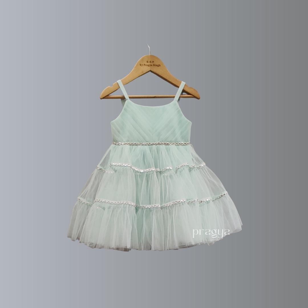 Aqua Blue Pleated Mirror Detailing Layered Net Dress